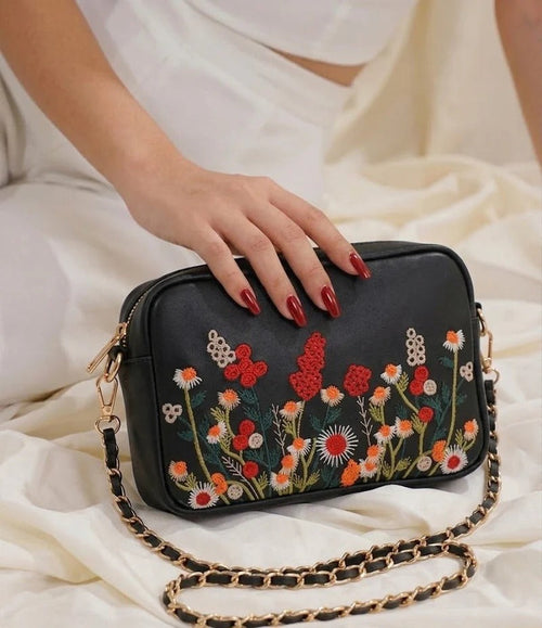 Floral Embroidered Chain Shoulder Bag for Women