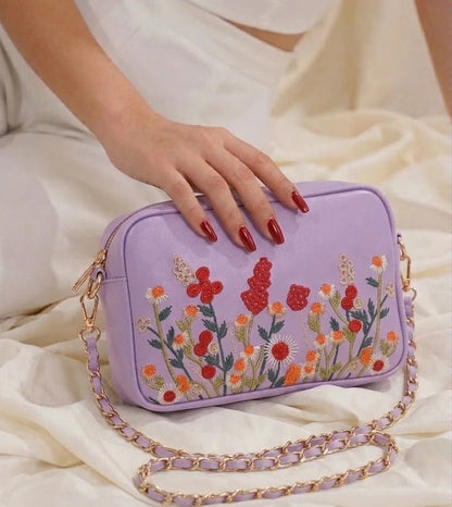 Floral Embroidered Chain Shoulder Bag for Women