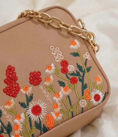 Floral Embroidered Chain Shoulder Bag for Women